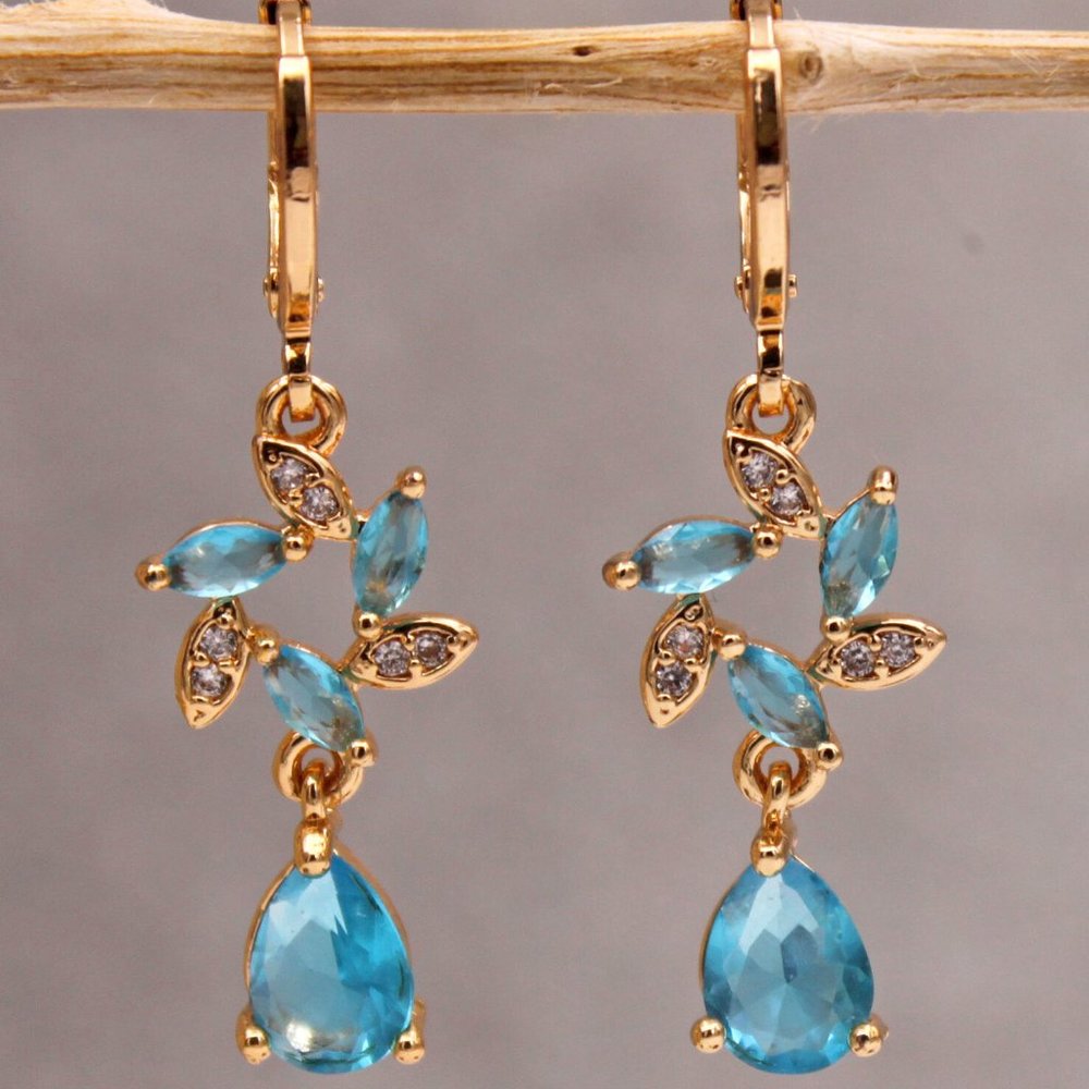 18K Yellow Gold Filled Diamond Zircon Blue Flower Dangle Earrings 1.20ctw ea